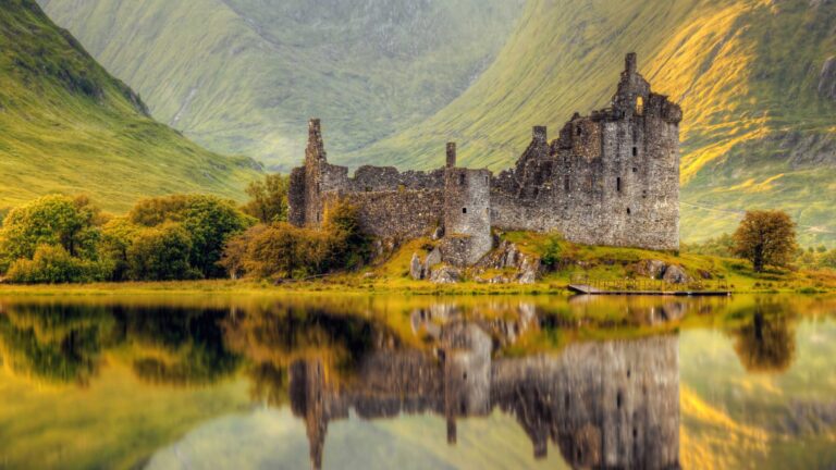 Kilchurn Castle reflection in Loch Awe at sunrise, Highlands, Scotland